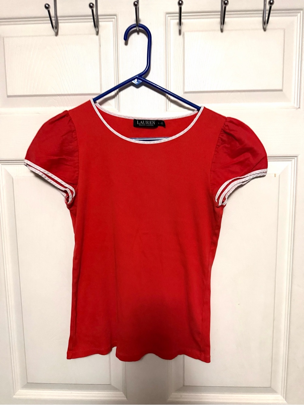 Ralph Lauren Reddish/ Coral Tee with White Trim and Puff Sleeves